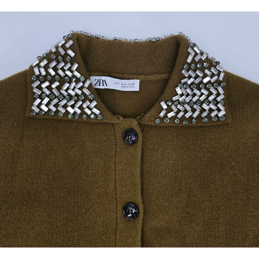 Zara 100% Wool Jewel Collar Jacket Small Olive Green Preppy Luxe - Picture 3 of 6